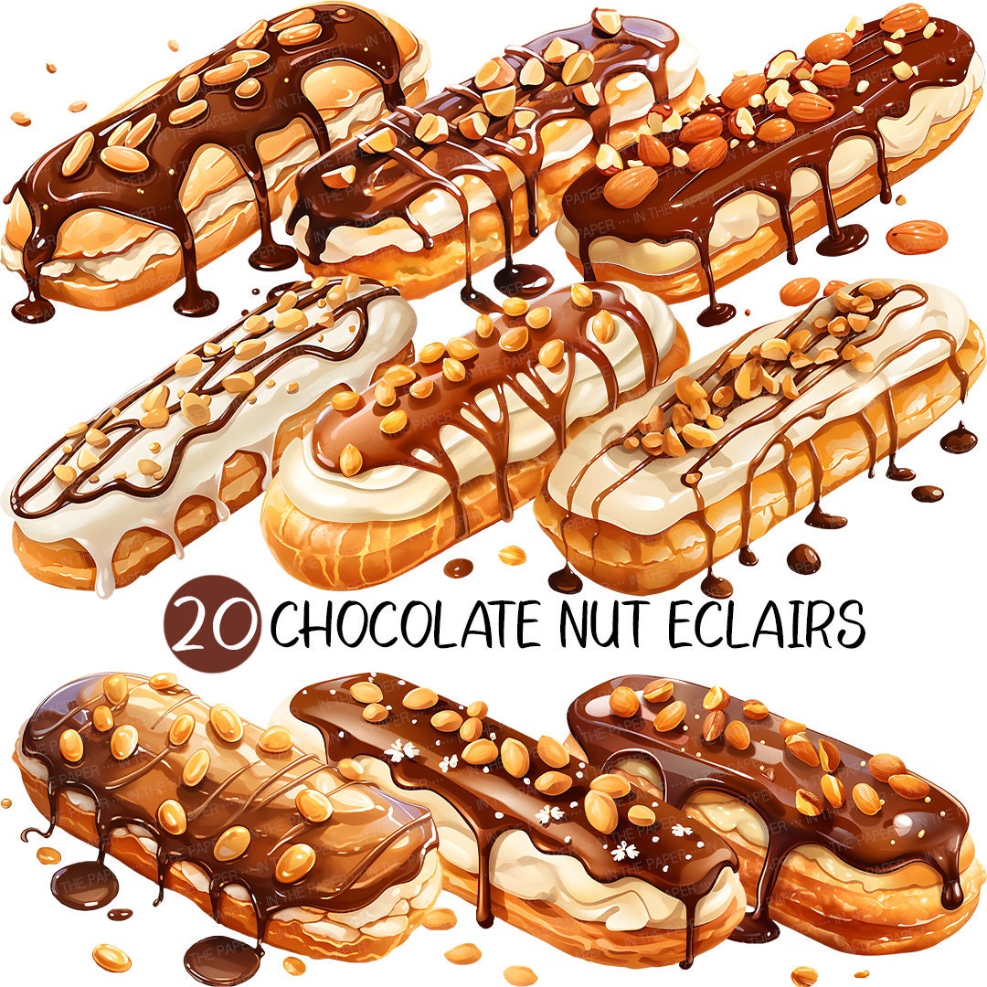 Chocolate Nut Eclair PNG | dessert clipart flowing syrup whipped cream decoration sweet cute food recipe baking bakery peanut almond nutty