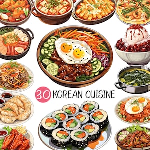 May include: A colorful illustration of 30 Korean cuisine dishes, including bibimbap, japchae, kimchi jjigae, tteokbokki, and more. The text "30 Korean Cuisine" is written in pink.