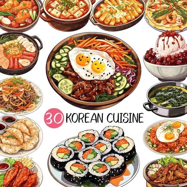 Korean Cuisine PNG | Food Clip art Delicious llustrations Kimbap Ramen Bulgogi Galbi Cheese Tteokbokki Kimchi Dumpling Chicken Stew Bibimbap