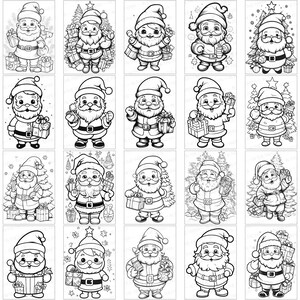 May include: A set of 20 black and white illustrations of Santa Claus in various poses, holding gifts, standing by a Christmas tree, and wearing a Santa hat. The illustrations are perfect for coloring pages, greeting cards, or other holiday crafts.