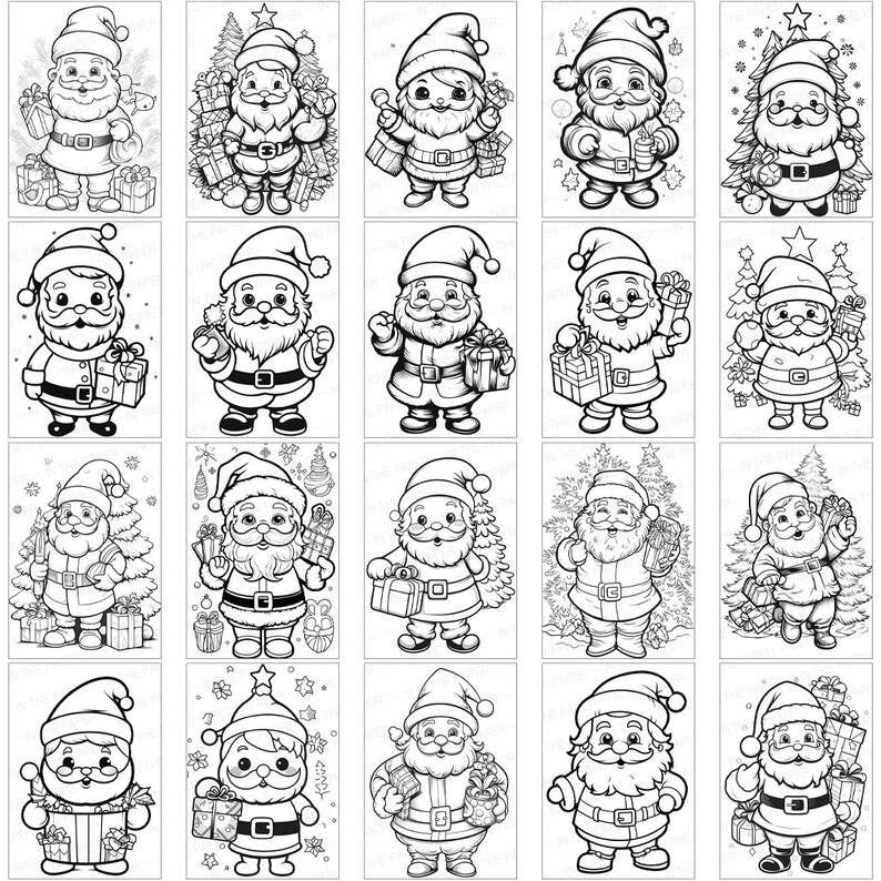 May include: A set of 20 black and white illustrations of Santa Claus in various poses, holding gifts, standing by a Christmas tree, and wearing a Santa hat. The illustrations are perfect for coloring pages, greeting cards, or other holiday crafts.