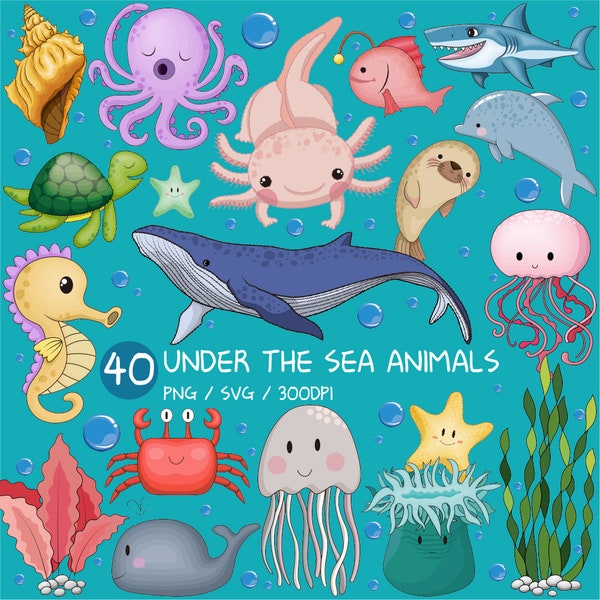 Under the Sea Animals PNG | Cute Fish SVG Clipart Humpback Whale Dolphin Axolotl Hermit Crab Jellyfish Seaweed Octopus Seahorse Shark Turtle