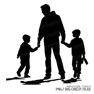 Könnte beinhalten: Silhouette eines Vaters und seiner beiden Söhne, die Hand in Hand gehen. Der Vater ist in der Mitte, mit einem Sohn auf jeder Seite. Alle drei sind nach rechts im Bild ausgerichtet.