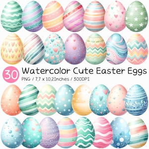 Oeufs de Pâques mignons à l'aquarelle PNG | Clipart motif pastel à pois rayé floral coeur étoile coeur géométrique rose menthe printemps illustration