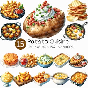 Cocina de patata / Clipart de comida en acuarela: Puré de patatas fritas al horno, sopa de patatas fritas, cazuela, ensalada, tater tots, papas hash brown, sartén, comida reconfortante, gratinado PNG