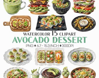 Avocado Dessert | Watercolor PNG Burger Pasta Ice Cream Salad Smoothie Sandwich Taco Guacamole Sushi Mousse Fry Deviled Egg Food Clipart