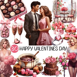 May include: An illustration with a Valentine's Day theme. It features a couple, chocolates, champagne glasses, a heart-shaped ring, cupcakes, and the text "30 HAPPY VALENTINES DAY". The color palette includes pink, brown, and white.