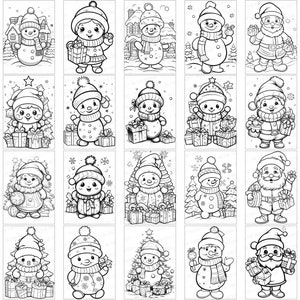 May include: A black and white coloring page featuring 20 different illustrations of snowmen and Santa Claus holding gifts. The snowmen are wearing hats and scarves and are surrounded by presents. Santa Claus is wearing a hat and a long beard and is holding a bag of gifts.