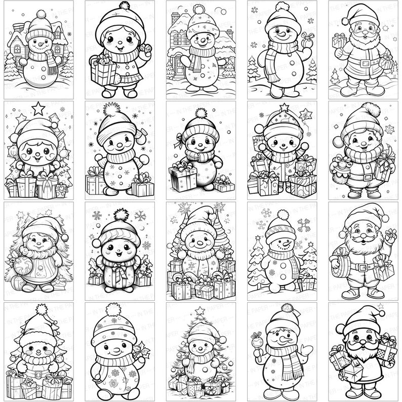 May include: A black and white coloring page featuring 20 different illustrations of snowmen and Santa Claus holding gifts. The snowmen are wearing hats and scarves and are surrounded by presents. Santa Claus is wearing a hat and a long beard and is holding a bag of gifts.