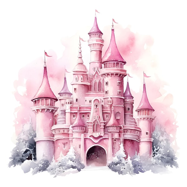 Enchanting Pink Palace Amidst Nature PNG | Watercolor Clip Art Cozy Castle Fantasy Cute Architecture fairy tale towers flag royal residence