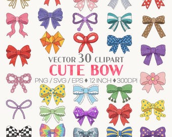 Cute Bow | Ribbon Clipart SVG EPS PNG Illustration Heart Polka Dot Stripe Lace Flower Bead Velvet Balloon Chain Gem Star Rainbow Pattern
