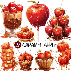 May include: A collection of 27 different caramel apples. The apples are red and covered in a thick layer of caramel. Some of the apples are on sticks, while others are in bowls or on plates. The caramel is dripping down the sides of the apples, creating a delicious and messy look.