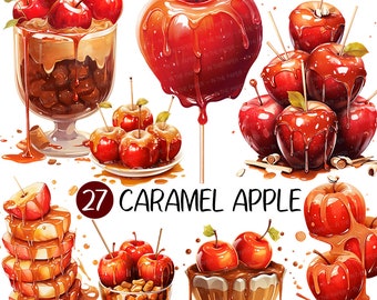 Karamell Apfel PNG | Süßigkeiten Dessert Rote Früchte Clip Art Süßigkeiten Spieße Nüsse Scheiben tropfenden Sirup Herbst Leckereien gemütlich Digital Download Sticker