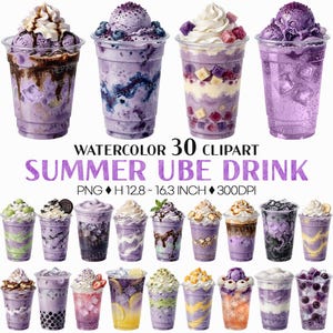Op de afbeelding: Waterverf clipart van zomer ube drankjes in doorzichtige plastic bekers. De paarse drankjes zijn voorzien van slagroom en fruit. De tekst "SUMMER UBE DRINK" is in het paars weergegeven.