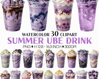 Summer Ube Drink | Watercolor Clip Art PNG Purple Sweet Potato Iced Latte Boba Tea Takeout Cup Milkshake Smoothie Frappe Beverage Refreshing