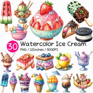 Aquarell Eis | Clipart Soft Serve Eis am Stiel Slush Eisbecher Joghurt Taco Sorbet Banane Split Parfait Bowl Dessert Topping Streusel Kegel