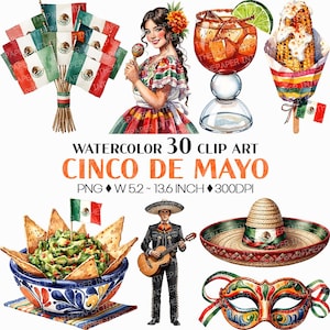 Peut inclure: Ensemble d'illustrations aquarelles sur le thème du Cinco de Mayo. Comprend une femme en costume traditionnel, un mariachi, une margarita, du maïs en épi, du guacamole, un sombrero, un masque et des drapeaux mexicains. Le texte "CINCO DE MAYO" est affiché.