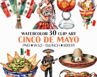 Cinco de Mayo PNG | Watercolor Clip Art Mexican Fiesta Margarita Taco Sombrero Mariachi Guitar Pinata Cactus Flag Folklorico Dress Parade