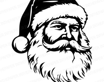 May include: A black and white illustration of Santa Claus's face. He is wearing a black hat with a white trim and a fluffy white beard and mustache. The image includes the text "Admin Code - Santa face 3 PNG / SVG CRICUT FILES."