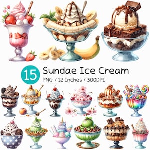 Sundae-ijs | Aquarel Zoet Dessert Parfait Topping Chocolade Aardbei Vanille Karamel Noot Kers Wafeltje Kom Cup Clip Art Treat