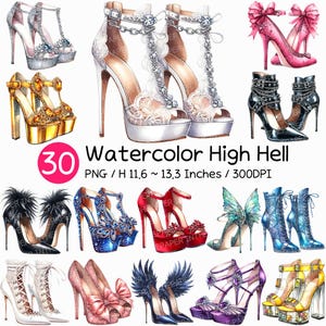 Watercolor High Heels | Fashion Shoe Clip art Stiletto Platform Boots Glitter Gold Lace Leather Enamel Transparent Jeweled Stylish Chic PNG
