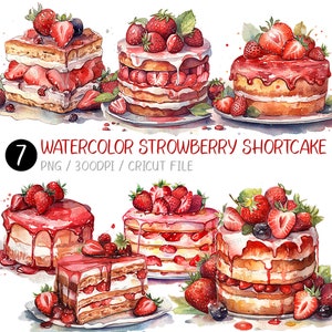 Watercolor Strawberry Cake ClipArt | Dessert Png, Square Cake, Half Cake, Leaves, Dripping Syrup, Cute Food, Hand drawn, Sweet Bakery