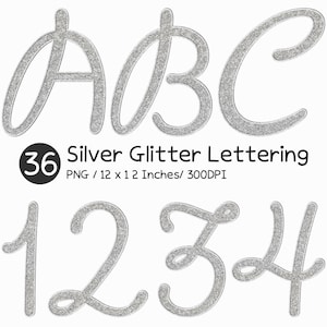 Silber Glitzer Schriftzug PNG | Glitzernde kursive Alphabet Zahlen Clipart glänzend dekorative Buchstaben elegante Schrift Glitter Typografie Art