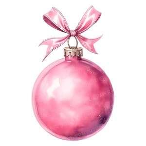 Elegante palla di Natale rosa PNG / Clip art acquerello anello in metallo dorato colore tenue design festoso deco nastro adorabile digitale vacanza