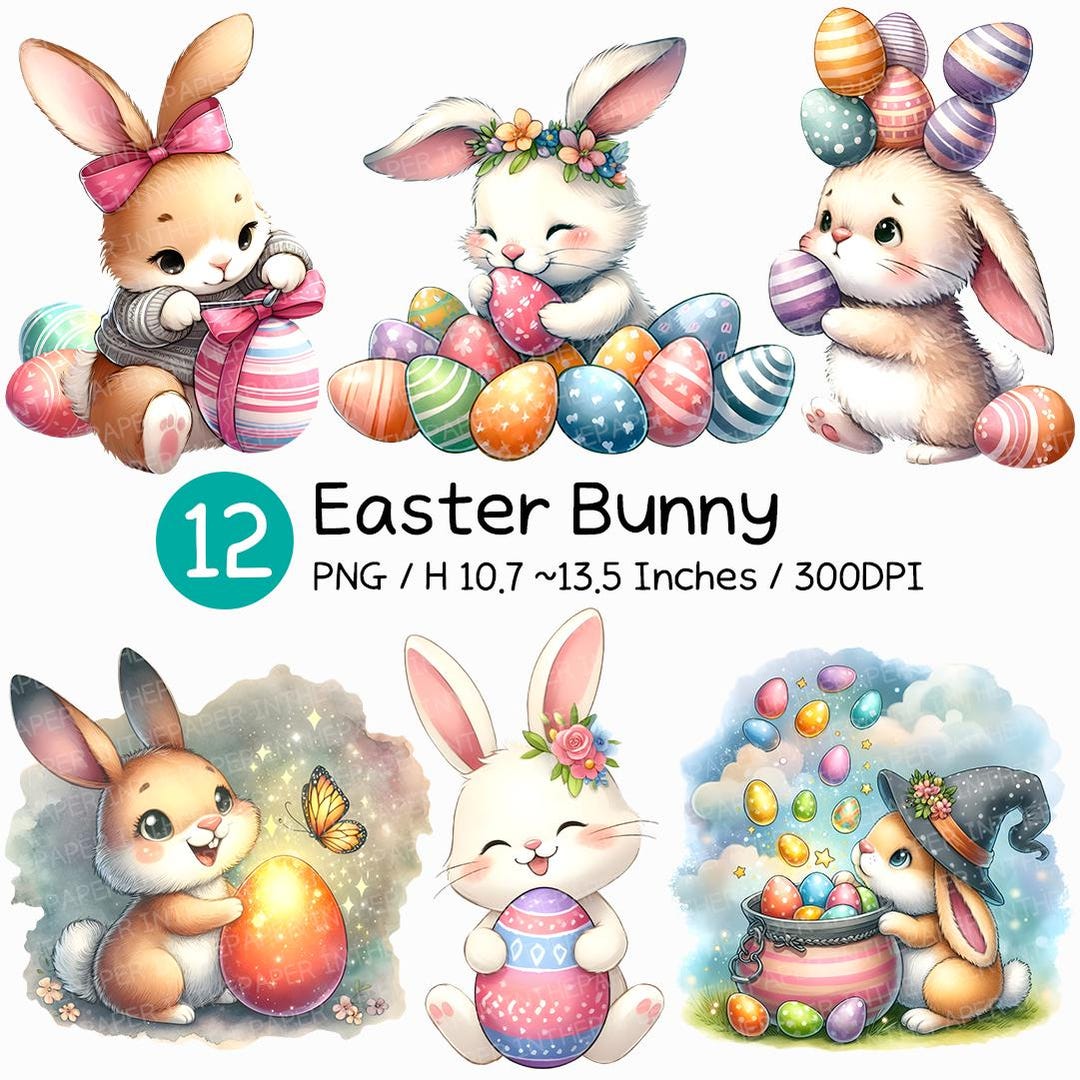 Easter Bunny PNG | Cute Watercolor Rabbit Clipart Spring Egg Basket ...