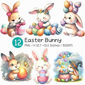 Osterhase PNG | Niedliches Aquarell Kaninchen Clipart Frühling Ei Korb Fantasie Hut Blumen Pastell Illustration mit Band Malerei Digital