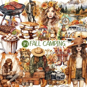 May include: A digital illustration of 34 fall camping themed images. The images include a woman with long brown hair wearing a floral crown, a woman wearing a brown jacket and a wide-brimmed hat, a dog, a campfire, a vintage camper van, a lantern, a compass, a mug of hot chocolate, a stack of s'mores, a pair of boots, a suitcase, a camera, and a mushroom.