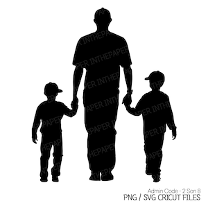 二人の息子と手をつないで歩くお父さん | 父の日 PNG、シルエット SVG、白黒、男の子、子供、子ども、帽子、兄弟、きょうだい