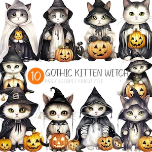 Gotycki kociak czarownica PNG | Grafika wektorowa dyni na Halloween, akwarela, upiorny, latarnia Jack O'Lantern, kapelusz czarownicy, suknia czarodzieja, szata, dziwne oko, magiczny