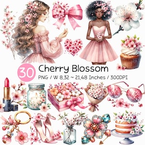 Kirschblüte | Aquarell Sakura Clipart rosa weiße Blume Make-up Geschenk Cupcake Kerze Parfüm Zweig Frau Frühling Floral Beauty Set PNG