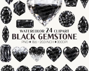 Black Gemstone | watercolor jewelry clipart luxury crystal diamond heart oval round square Coin Crown Black Friday