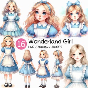 Wonderlandmeisje | Op aquarel Alice Adventure geïnspireerde blauwe jurk sprookjesblond karakter schattige kinderen blauwe jurk met krullend lint, PNG-illustraties
