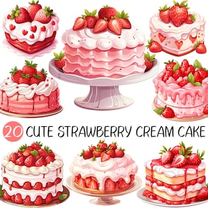 Joli gâteau à la crème et aux fraises PNG | Bonbons dessert Clipart pâtisserie fruits déco rose plateau illustration coeur rond carré demi fouetté 2 couches