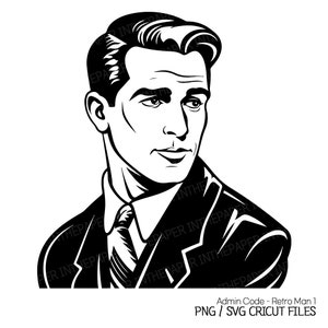Pommade rétro coiffure homme noir Silhouette SVG | Vintage PNG costume illustration de mode années 70 80s stylet classique nostalgique haut du corps dessin au trait