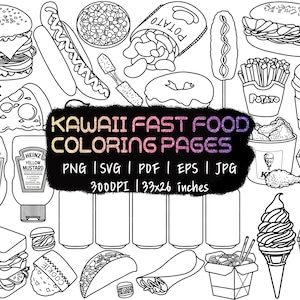 Página para colorear de comida rápida PNG SVG Queso Hamburguesa Pavo Sándwich Taco Helado Hot Dog Corn Dog Patatas fritas Lata de bebida Gaseosa Pollo chatarra