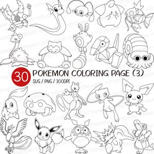 Papel para colorear de Pokémon / Niño PNG SVG Contorno de línea negra Evolución de la Pokédex Eevee Mewtwo Mew Snorlax Lapras Dratini Pichu Magikarp Cleffa Ditto
