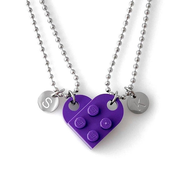 Heart Necklace Set - Made with Authentic LEGO® Bricks, INITIALS Matching Friendship or Couples Gift, High-Quality USA-Made Ball Chains