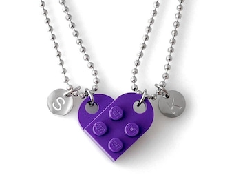 Heart Necklace Set - Made with Authentic LEGO® Bricks, INITIALS Matching Friendship or Couples Gift, High-Quality USA-Made Ball Chains