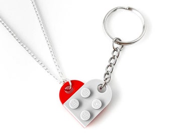 Heart Necklace + Keychain Set - Made with Authentic LEGO® Bricks - Matching Friendship Combo, Gift for Couples, Family, and Best Friends