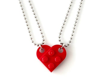 Heart Necklace Set - Made with Authentic LEGO® Bricks - Matching Friendship or Couples Necklaces Gift, High-Quality USA-Made Ball Chains