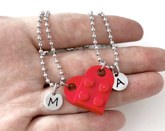 Heart Necklace Set - Made with Authentic LEGO® Bricks, INITIALS Matching Friendship or Couples Gift, High-Quality USA-Made Ball Chains