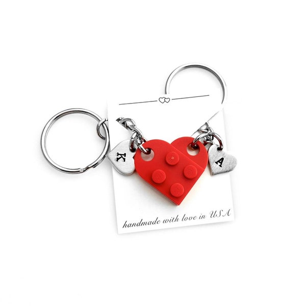 Matching Puzzle Heart Gift for Couples, Made with Authentic LEGO® Bricks, Long Distance Relationship Keychain, Hand-Stamped Initials Custom