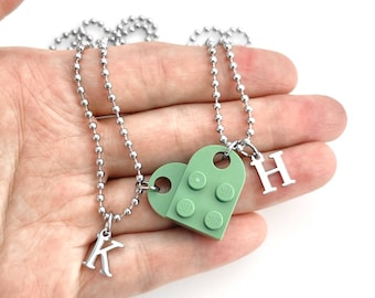 Heart Necklace Set - Made with Authentic LEGO® Bricks, INITIALS Matching Friendship or Couples Gift, High-Quality USA-Made Ball Chains