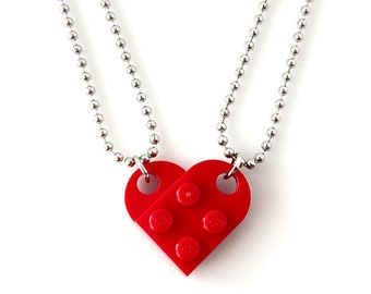 Heart Necklace Set - Made with Authentic LEGO® Bricks - Matching Friendship or Couples Necklaces Gift, High-Quality USA-Made Ball Chains