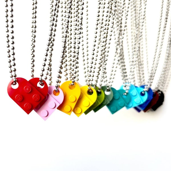 Heart Necklace Set - Made with Authentic LEGO® Bricks - Matching Friendship or Couples Necklaces Gift, High-Quality USA-Made Ball Chains