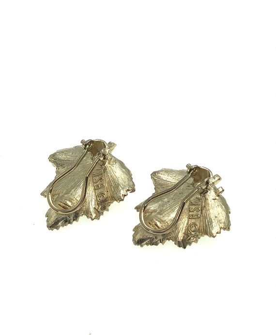 Vintage BSK Light Gold Tone Grape Leaf Clip Earri… - image 4